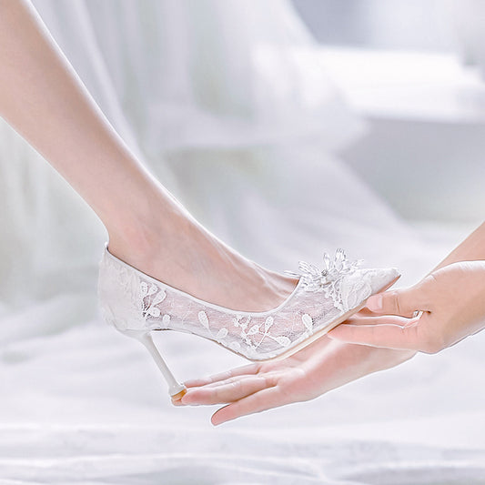 White Lace Slipper Stiletto Bridal High Heels Wedding Shoes CJ Dropshipping