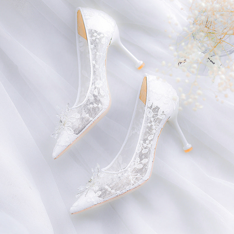 White Lace Slipper Stiletto Bridal High Heels Wedding Shoes CJ Dropshipping