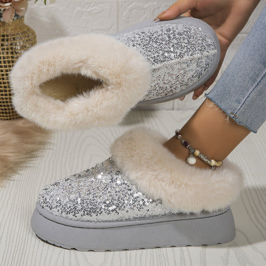 Fashion Sequined Thick-soled Plush Shoes Winter Indoor And Outdoor Casual Warm Slippers Women Garden House Shoes CJ Dropshipping