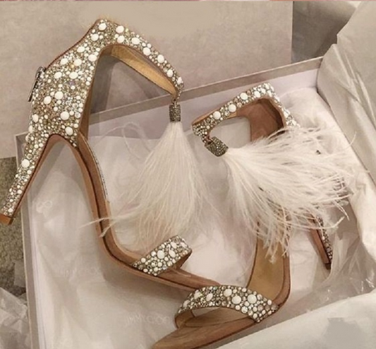 Sequin Feather Trim Bridal Heeled Sandals Wedding Shoes CJ Dropshipping