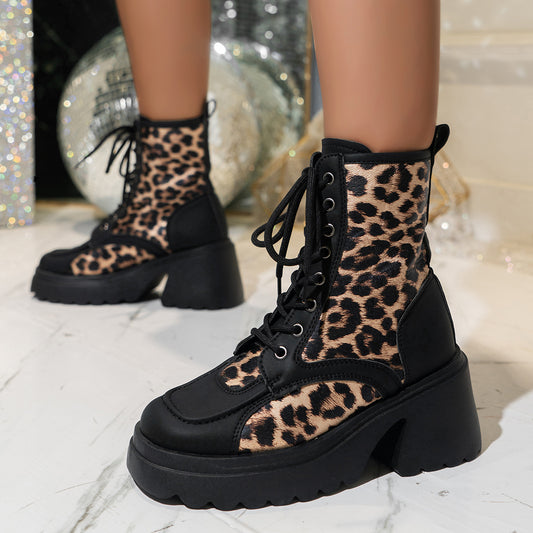 Leopard Print Chunky Heel Booties Female Lace-up Platform British CJ Dropshipping