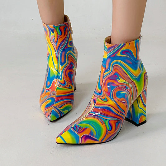 Rainbow Abstract Swirl Print Women's Leather Pointed Chunky Heel Boots CJ Dropshipping