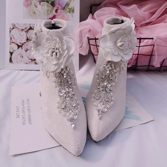 Pearl and Rhinestone Flower Detail Fleece Pointed Toe Rhinestone Boots CJ Dropshipping