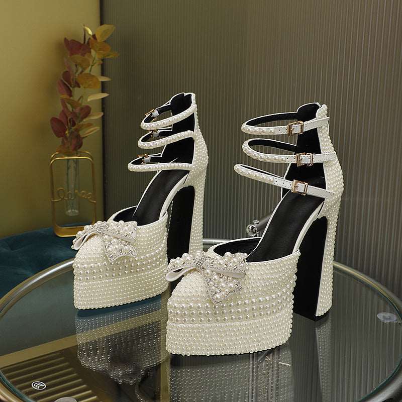 Pointed Toe Bow Pearl Platform Heels for Women Ankle Strap Pumps Couture Steps