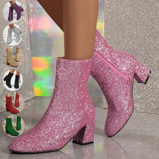 Sequin Boots Square Heel Side Zipper Shoes Party Evening Boots Couture Steps