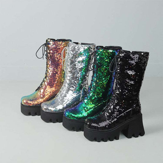 Sequins Mid-calf Platform Combat Boots Couture Steps