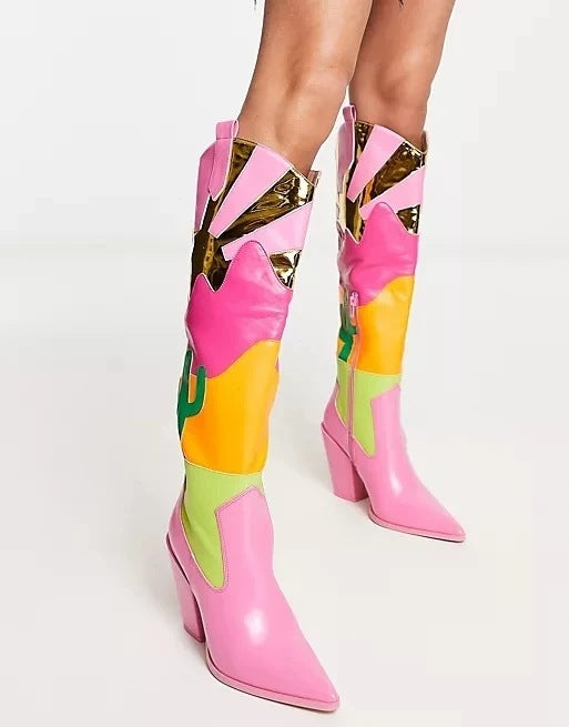 Pink Fashion Chunky Heel Multi-Color Mosaic Boots CJ Dropshipping