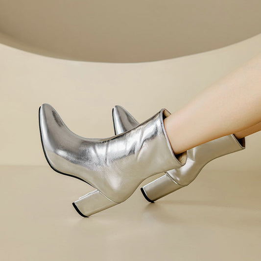 Chunky Heeled Metallic Pointed Toe Boots with Side Zipper in Gold and Silver CJ Dropshipping