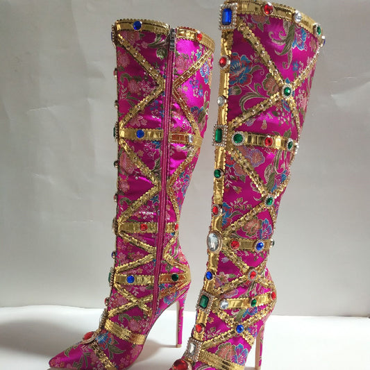 Gold Detail Colorful Gemstone Embellished Knee High Boots CJ Dropshipping