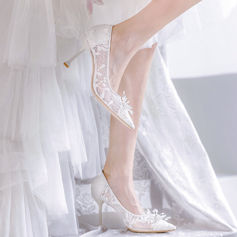 White Lace Slipper Stiletto Bridal High Heels Wedding Shoes CJ Dropshipping