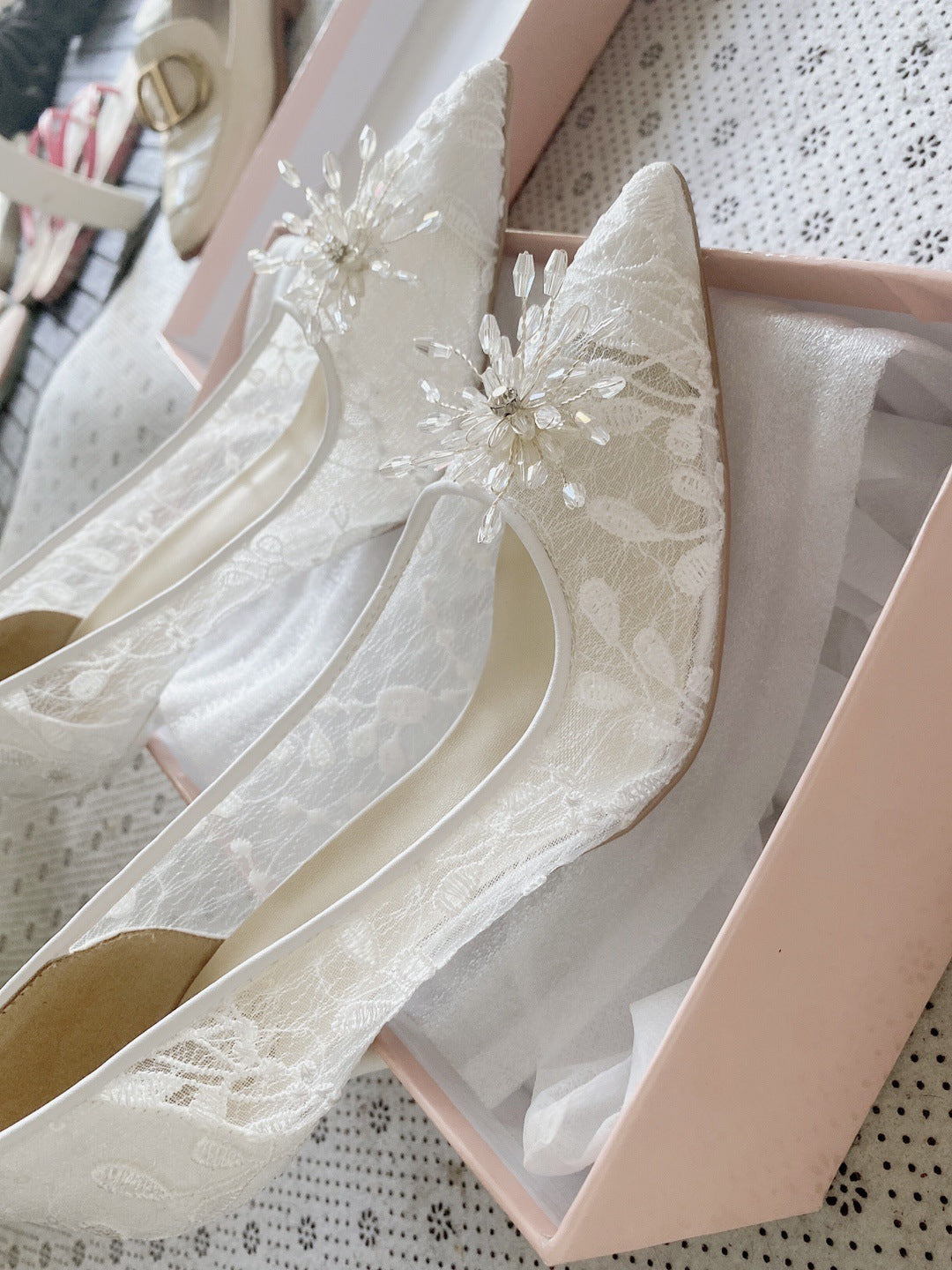 White Lace Slipper Stiletto Bridal High Heels Wedding Shoes CJ Dropshipping